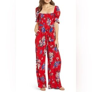 Red Floral Square-Neck Wide Leg Jumpsuit